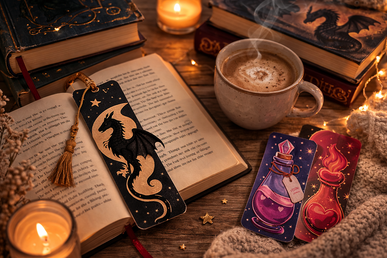 Фентъзи книга с дракон книгоразделител и уютна сцена за четене с чай и книги